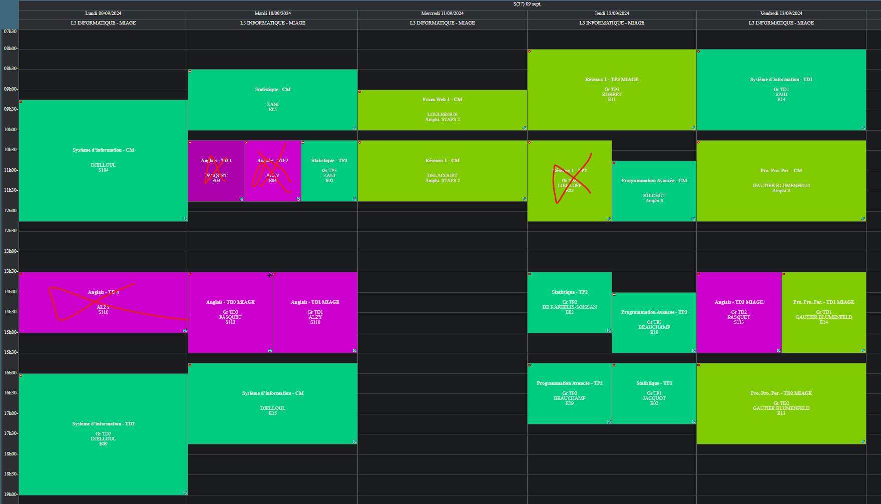 Screenshot of a shitty schedule, with wrongly-placed courses marqued by a red cross